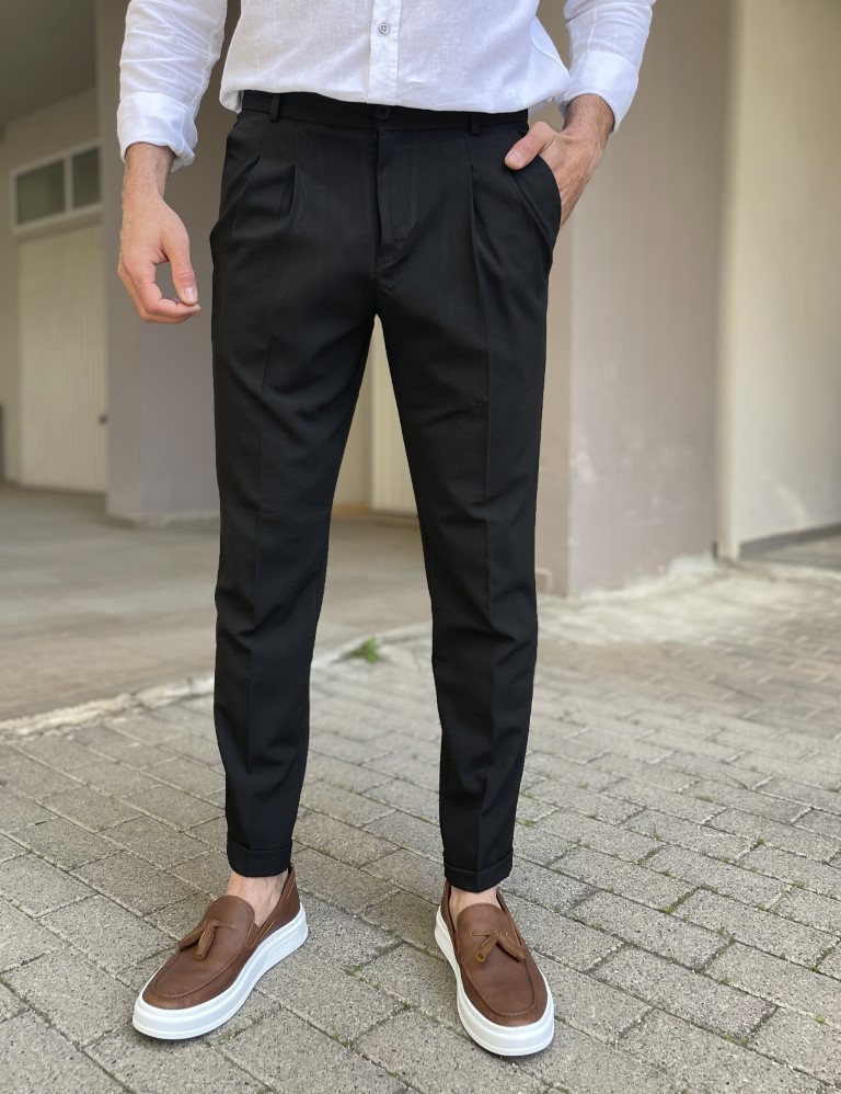 Ανδρικό μαύρο υφασμάτινο παντελόνι με πιέτες και λάστιχο στην μέση FCL00495 φωτογραφία